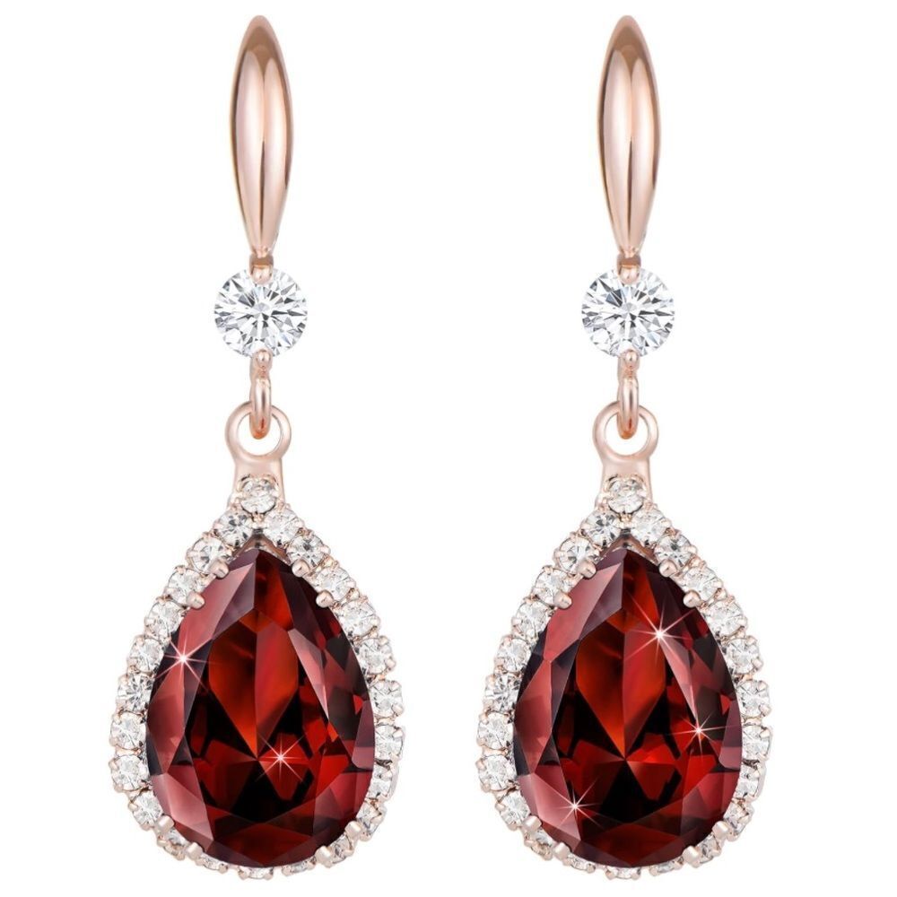 14K Rose Gold with Red Garnet Cubic Zirconia Teardrop Hook Dangling Earrings